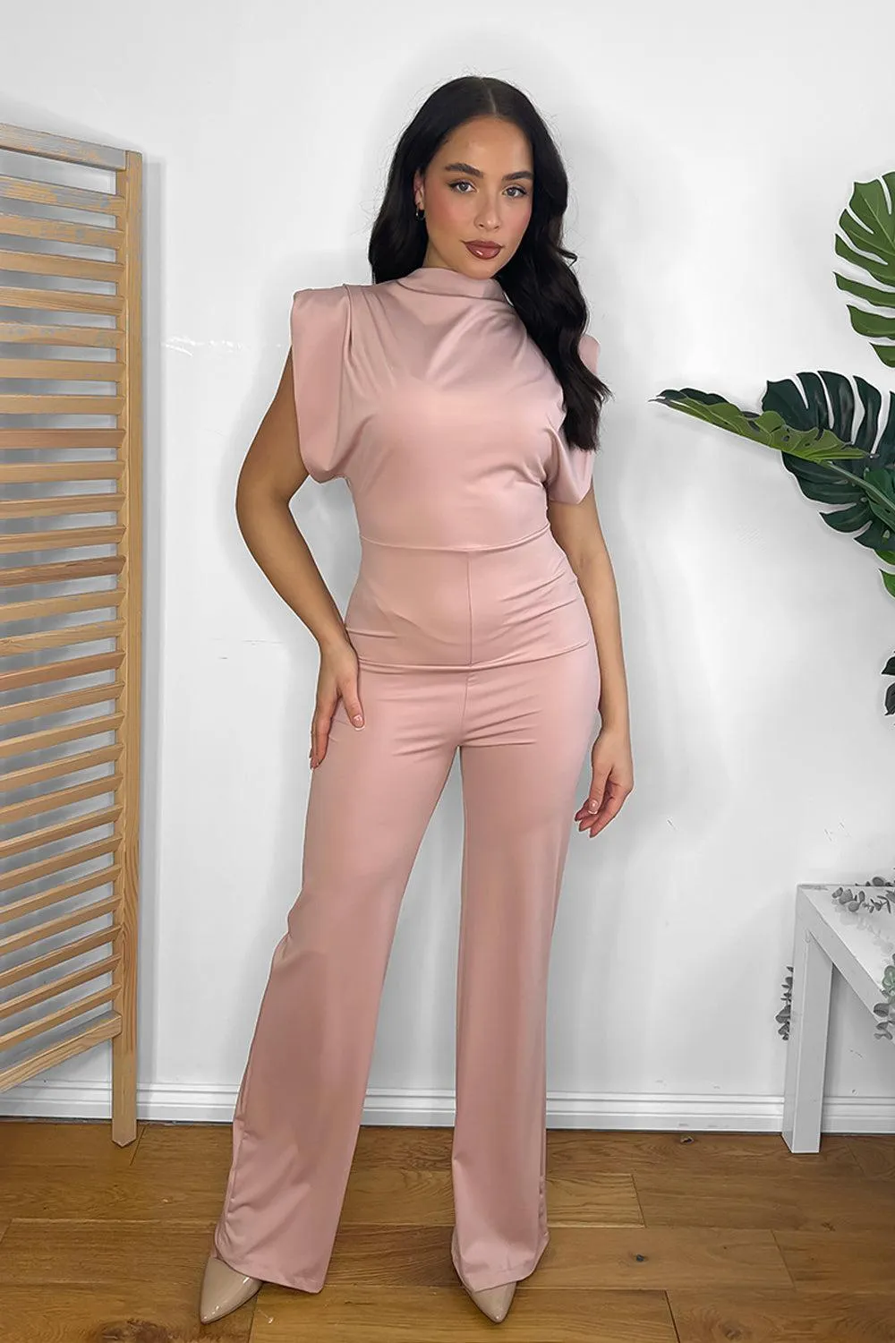 High Neck Short Sleeve Draped Jumpsuit