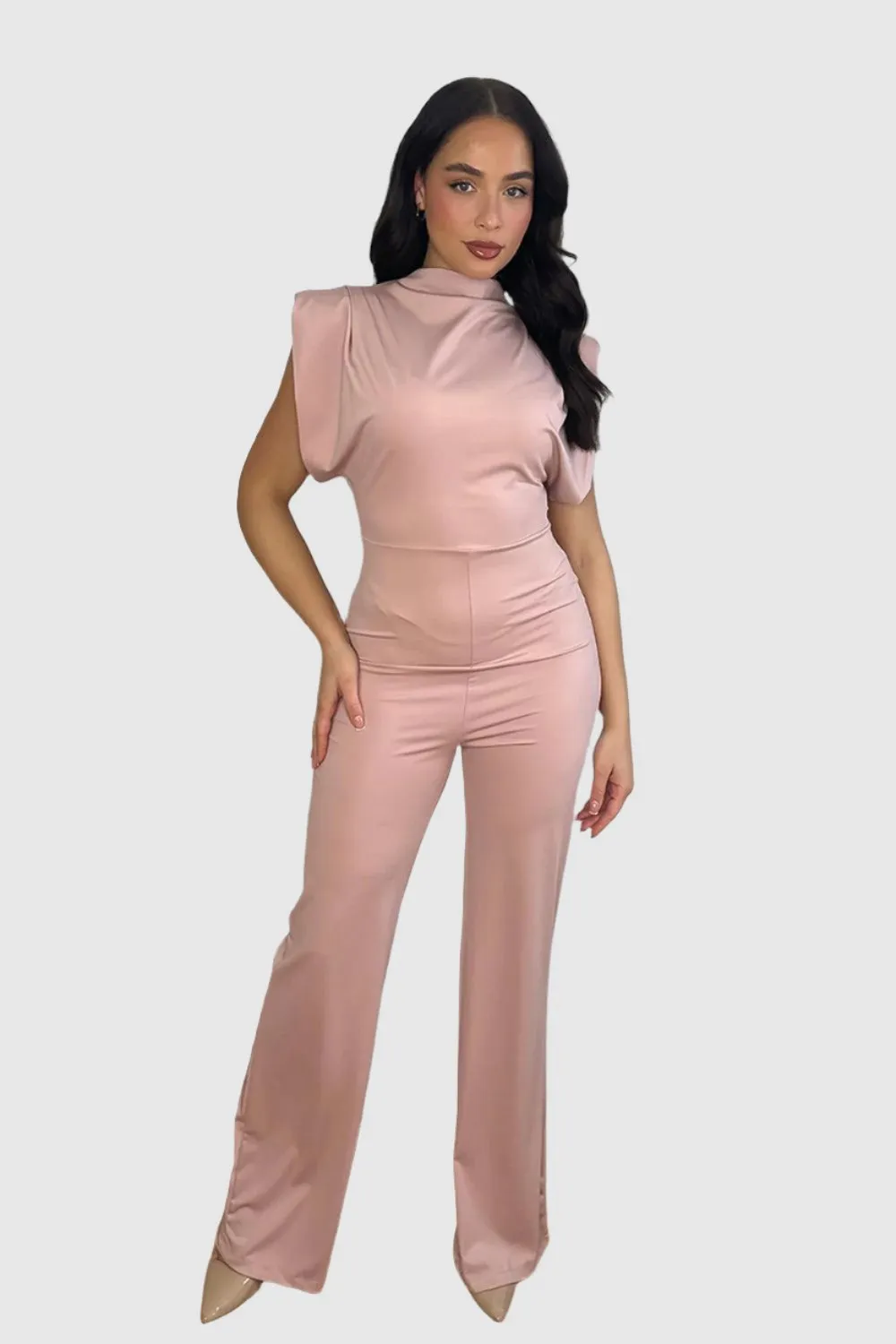 High Neck Short Sleeve Draped Jumpsuit