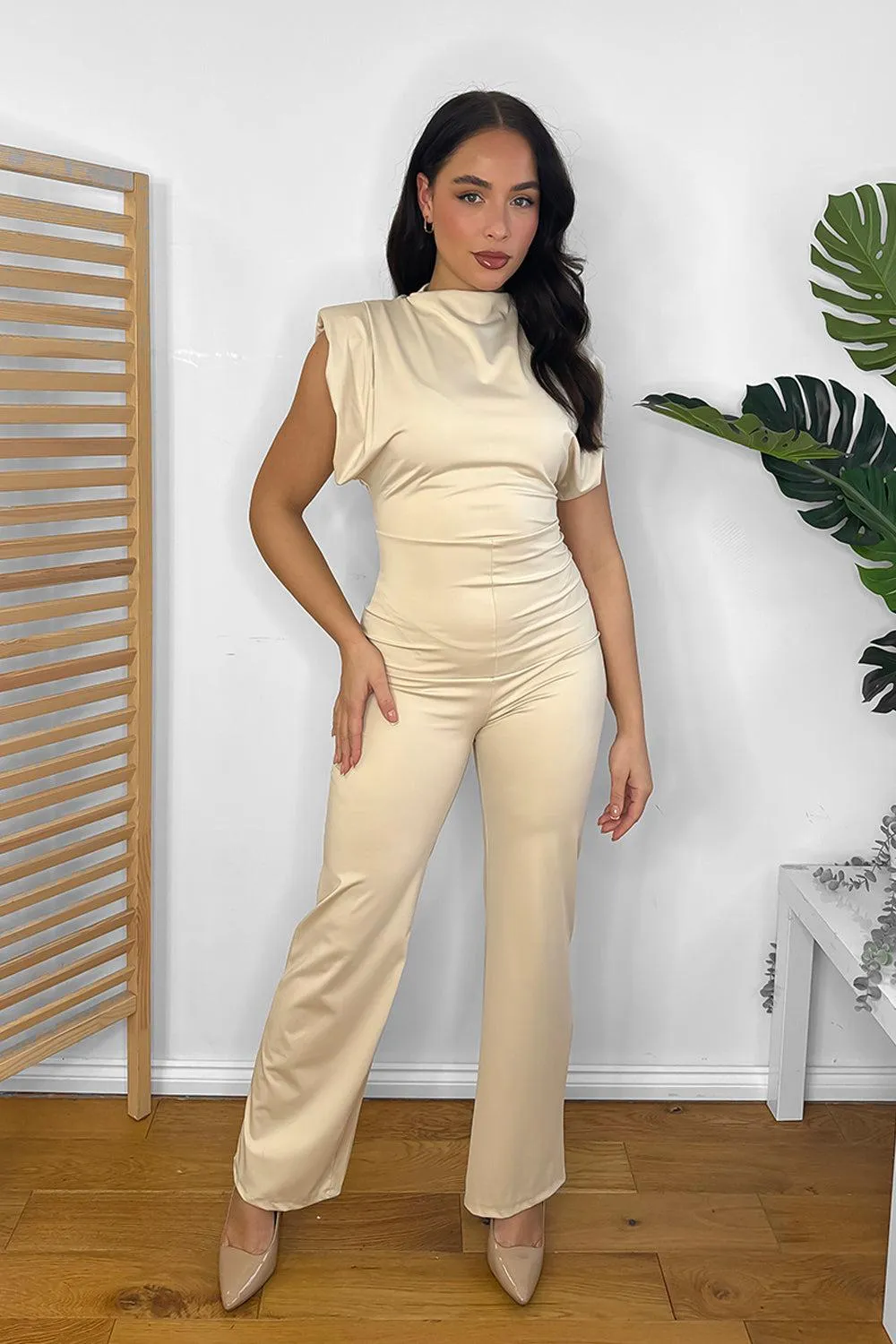 High Neck Short Sleeve Draped Jumpsuit