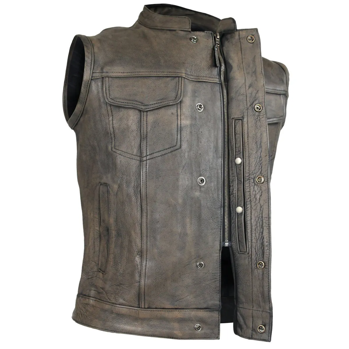 HMM914DB Vance Leather Distressed Brown Motorcycle Club Leather Vest