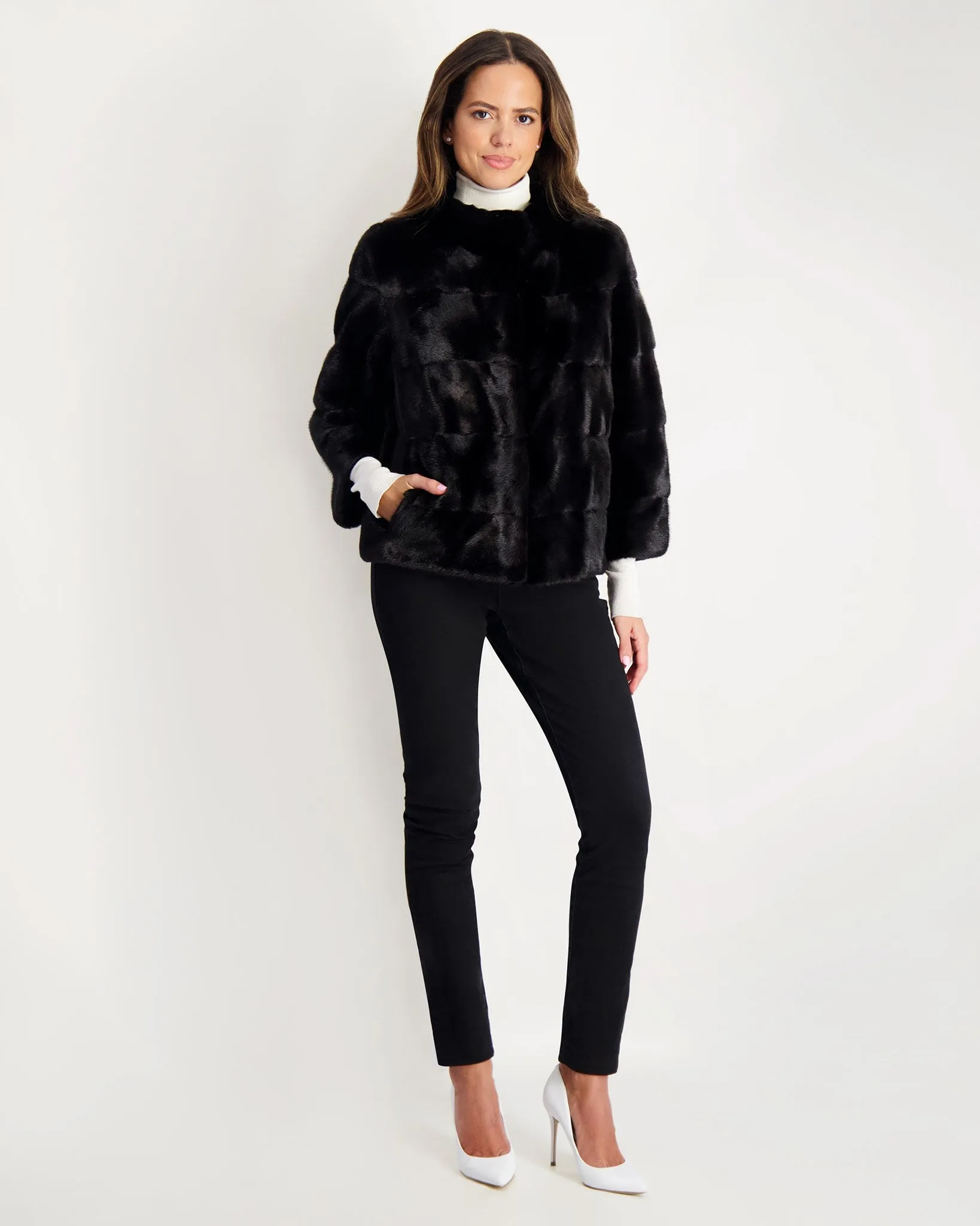 Horizontal Mink Jacket, Stand Collar