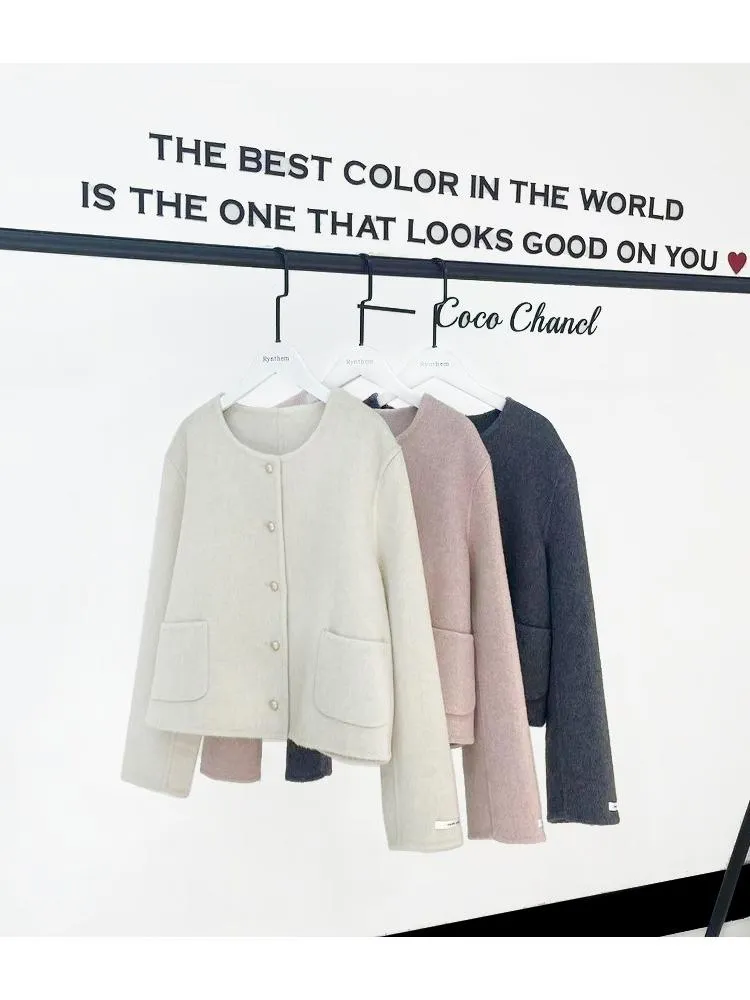 Joskaa 2024 Spring Short Double-Sided Wool Lyocell Coats Women Solid Color Round Neck Single Breasted Loose Woolen Jackets