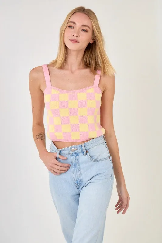 KEEP IT IN CHECK KNIT CROP CAMI | PINK/YELLOW