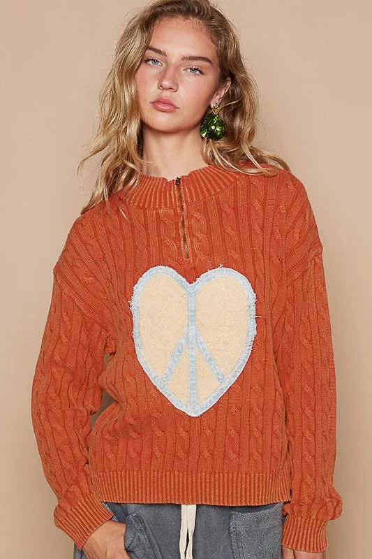 kesley  Cable-Knit Peace Patch Dropped Shoulder Sweater