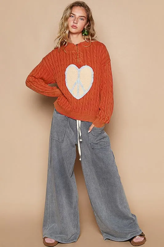 kesley  Cable-Knit Peace Patch Dropped Shoulder Sweater