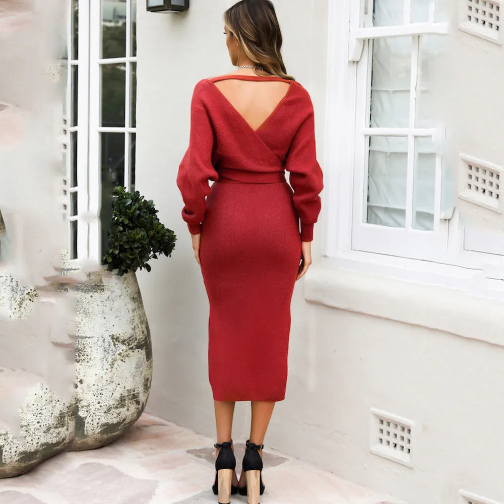 Knitted Slim-fit V-neck Sweater Dress