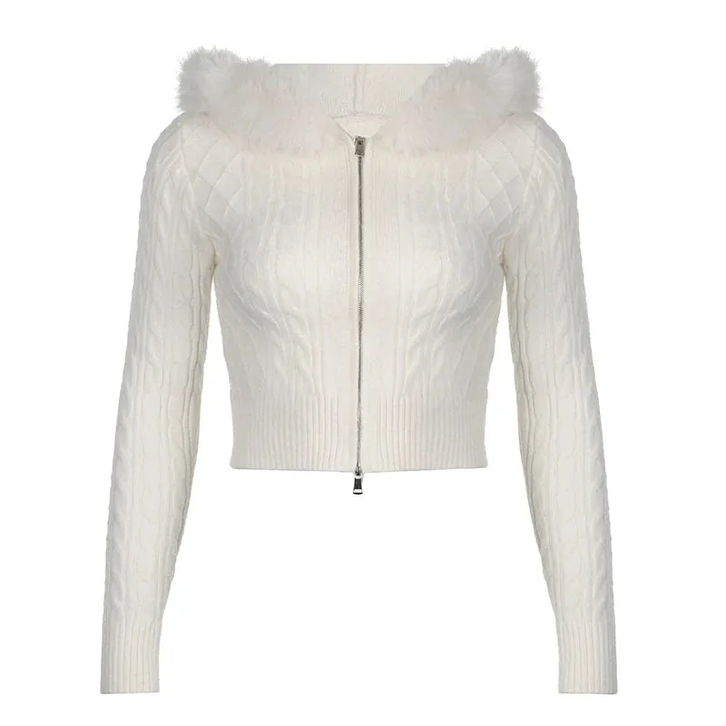 Korean Style White Twisted Autumn Cardigan Crop Knit Fluffy Zip Up Knitted Sweater Hooded Jacket Faux Fur Trim Collar