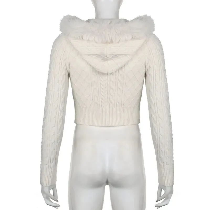 Korean Style White Twisted Autumn Cardigan Crop Knit Fluffy Zip Up Knitted Sweater Hooded Jacket Faux Fur Trim Collar