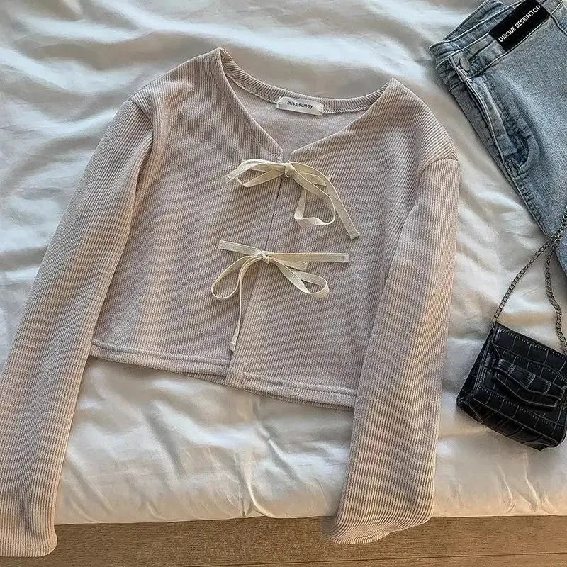 Lace Up Coquette Bow Cardigan Y2K Crop Knitwear Vintage Korean Fashion Women's Sweater Spring Knit Loose Sweet Casual