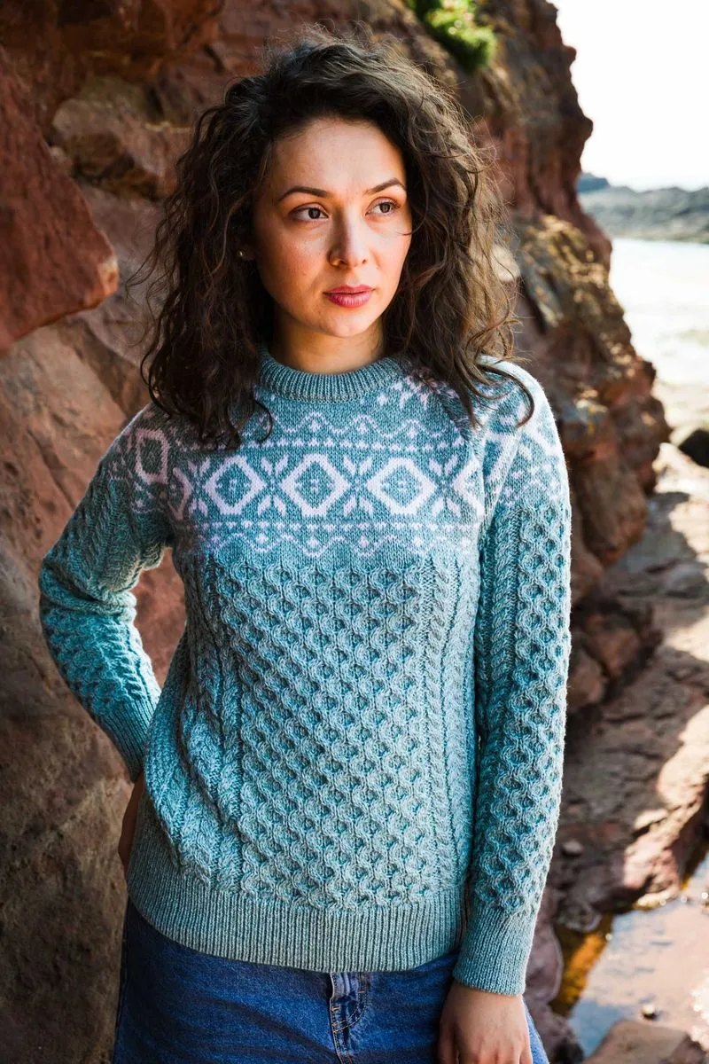 Ladies Jacquard Aran Sweater | Aqua