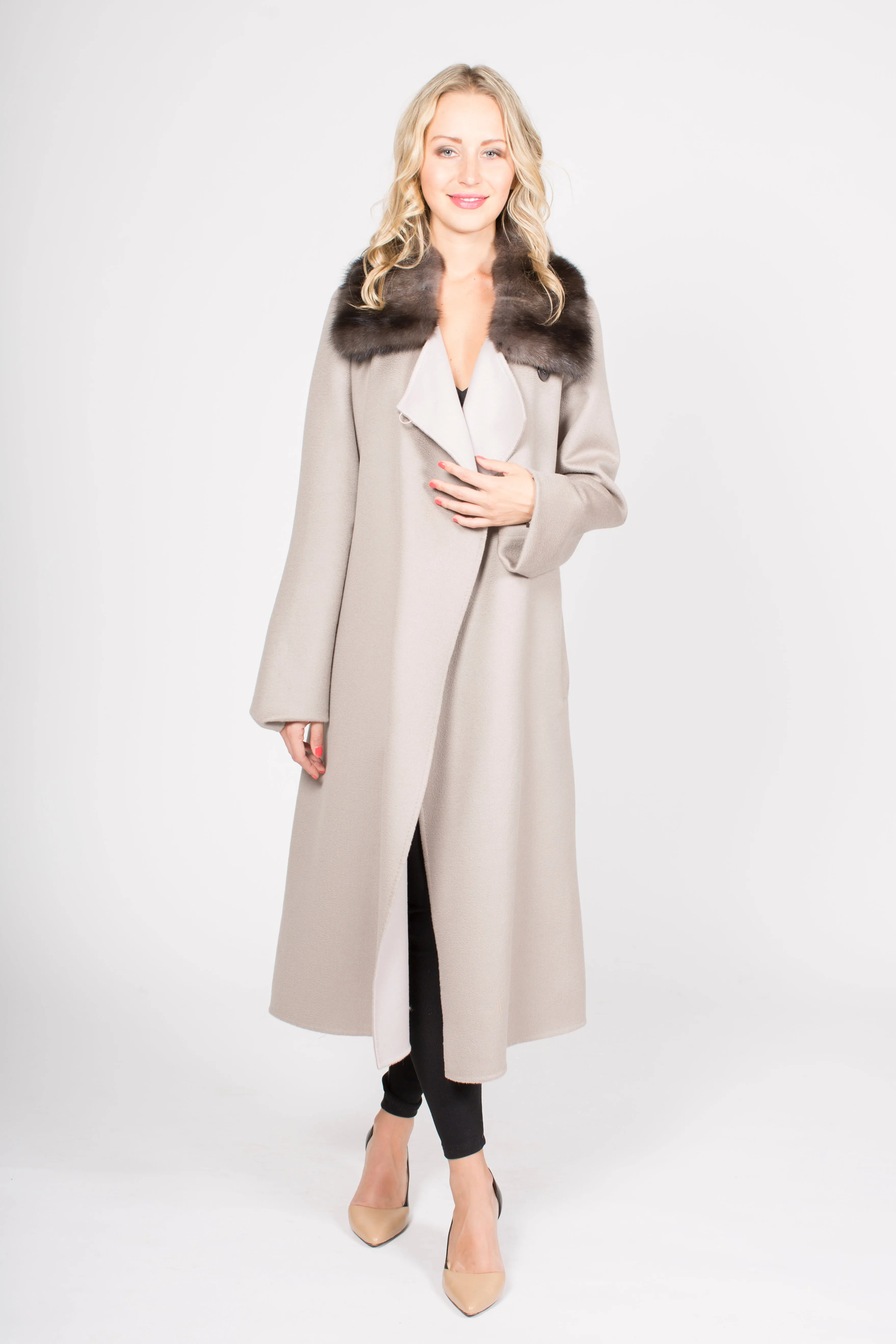 Long 100% Cashmere Wrap Coat with Sable Collar