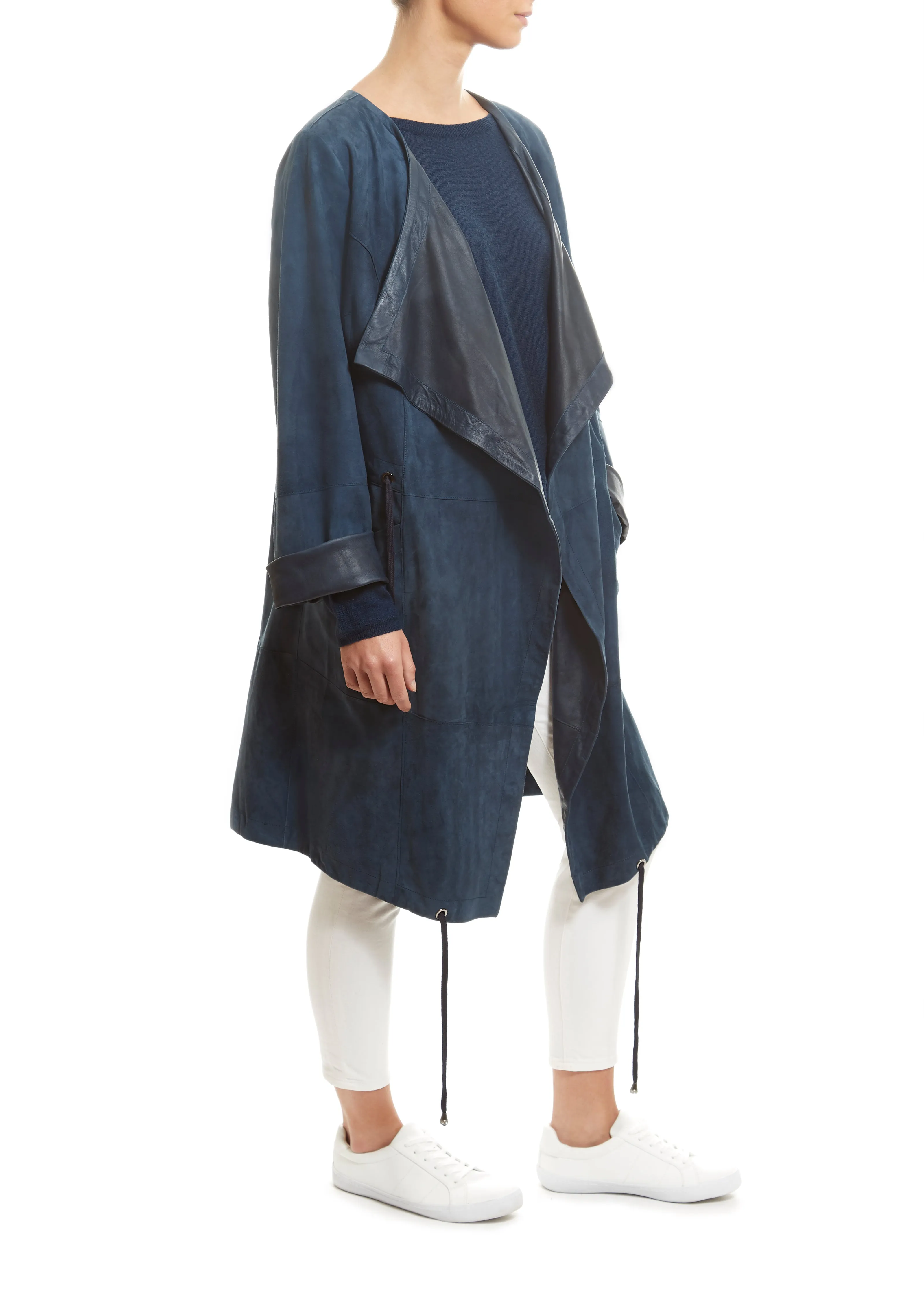 Long Navy Suede Belted Coat