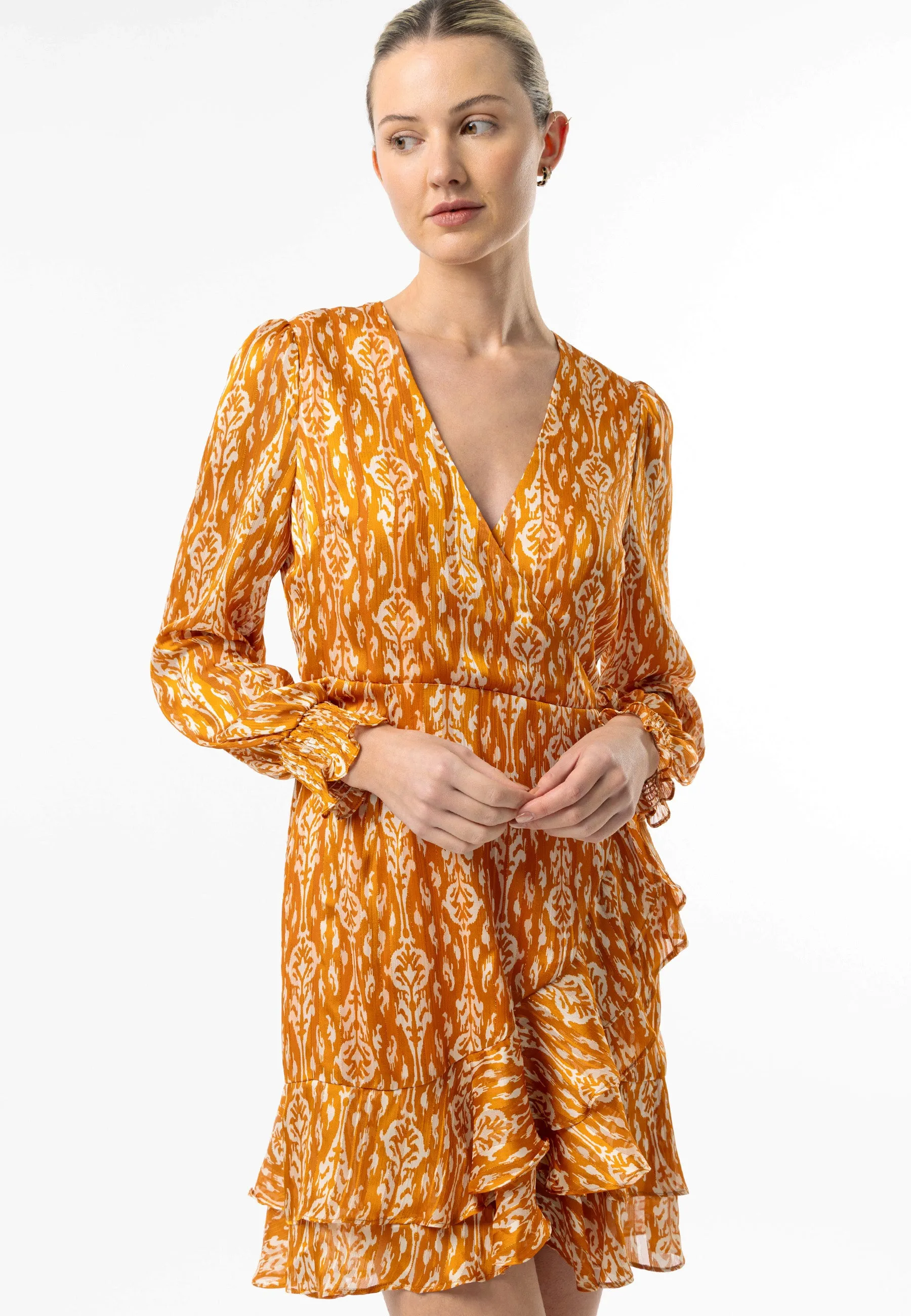 Long Sleeve Ruffle Hem Mini Wrap Dress in Orange Print