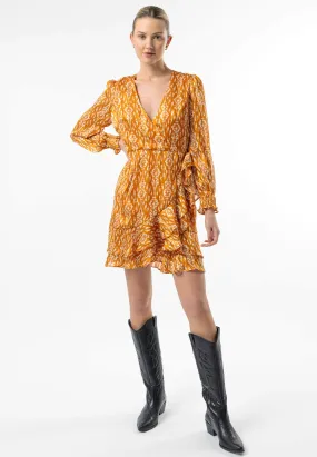 Long Sleeve Ruffle Hem Mini Wrap Dress in Orange Print