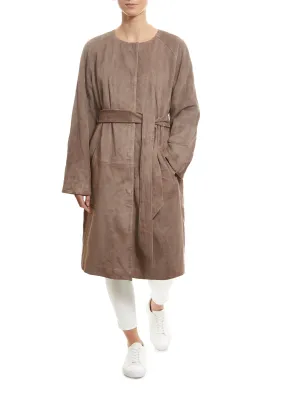 Long Taupe Suede Belted Coat