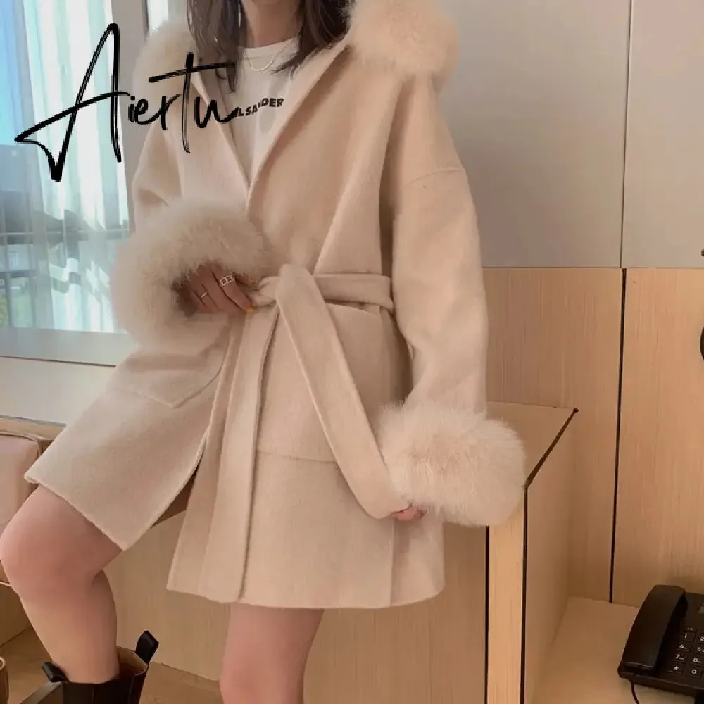 Luxury famous Real Cashmere wool & blends Coat Women"s winter women's cold coat With Natural Fox Fur collar abrigos mujer