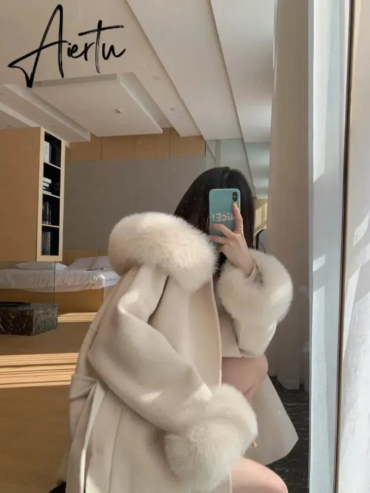 Luxury famous Real Cashmere wool & blends Coat Women"s winter women's cold coat With Natural Fox Fur collar abrigos mujer