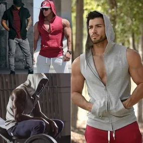 Men Casual Hoodie Sweatshirts Tank Tops Summer Sleeveless Slim Fit Zip-up Tops Pockets Male Summer Sports Vest