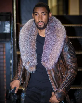 MEN WAX BROWN- BIKER RIBBLES WITH CRYSTAL FOX FUR