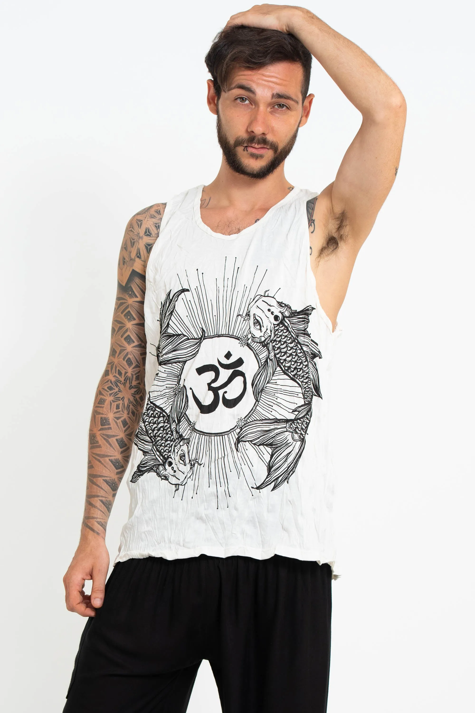 Mens Om and Koi Fish Tank Top in White