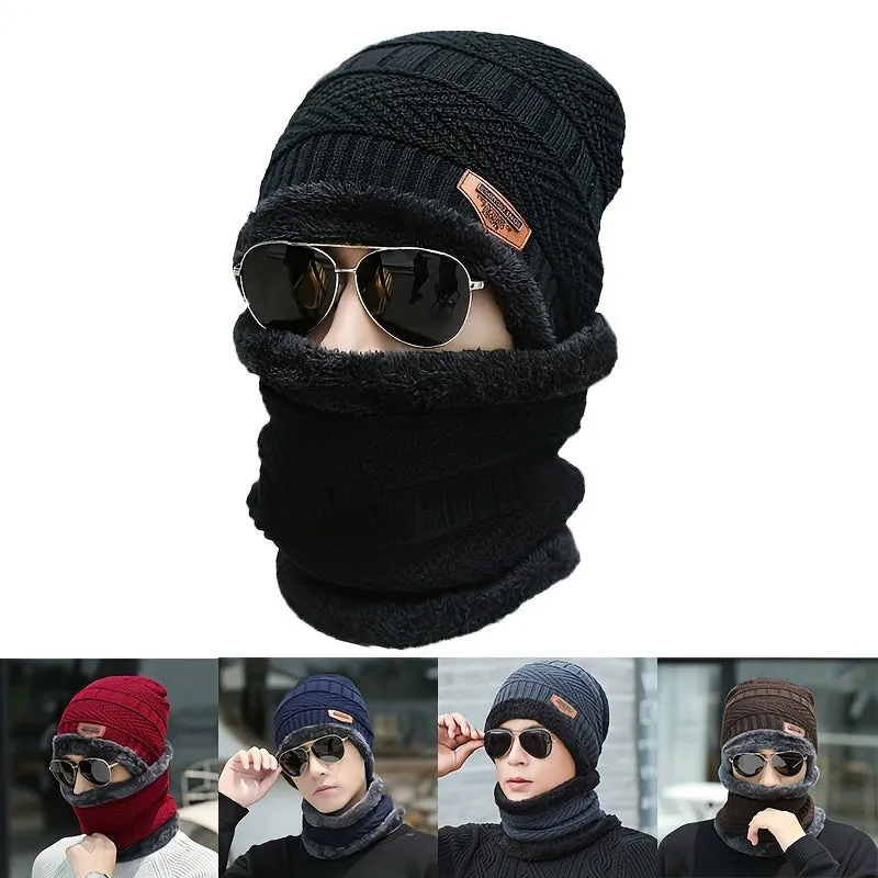 Men's Warm Plush Lined Hat & Scarf Set, Winter Accessory Sets