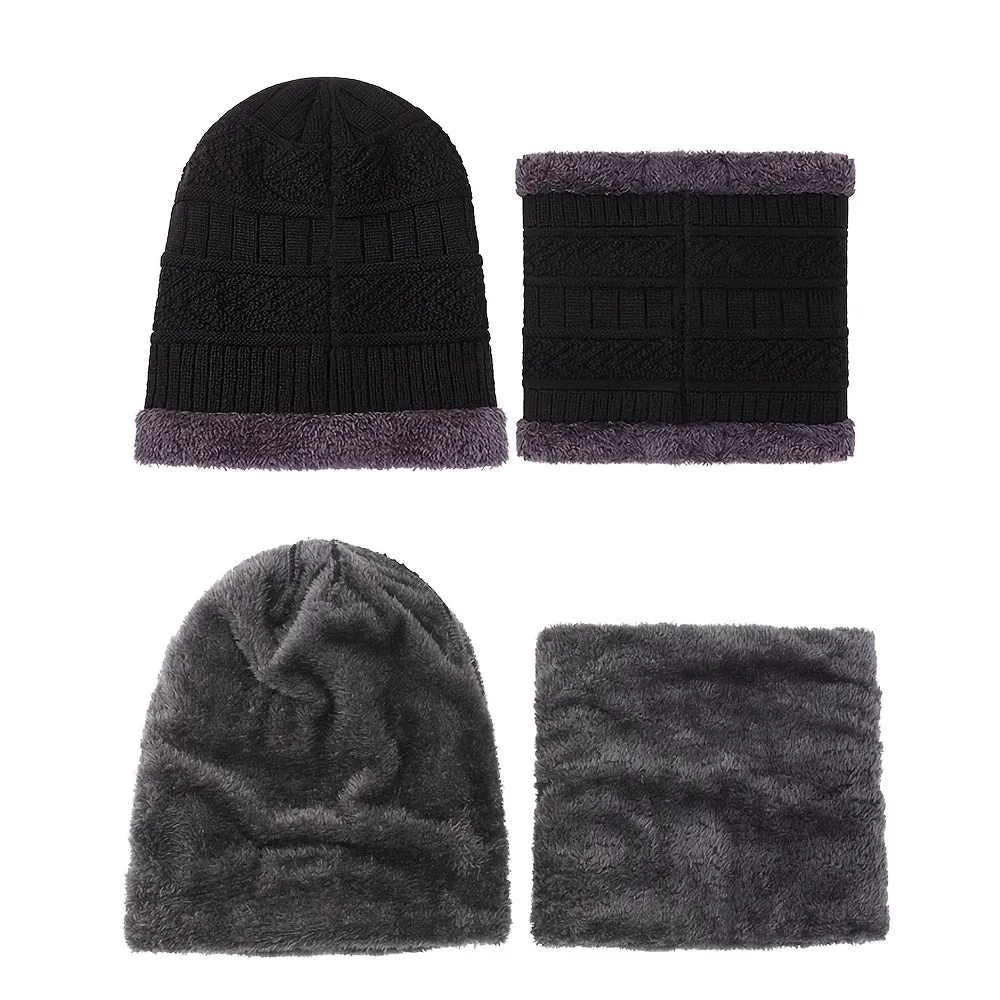 Men's Warm Plush Lined Hat & Scarf Set, Winter Accessory Sets