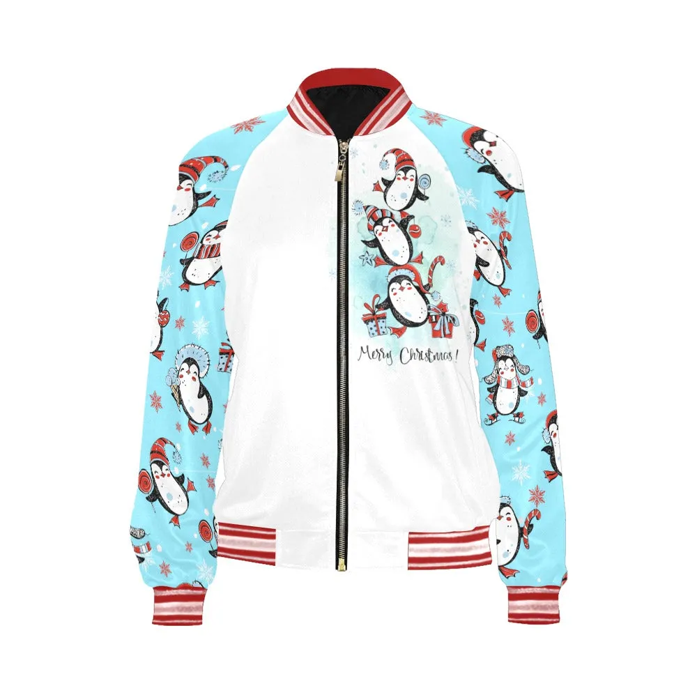 Merry Christmas Penguin Tree Bomber Jacket for Women