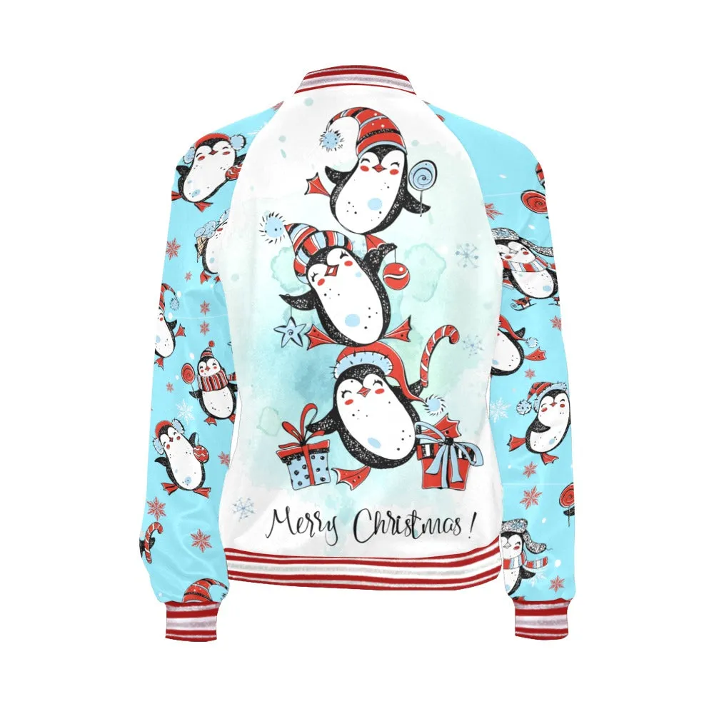 Merry Christmas Penguin Tree Bomber Jacket for Women