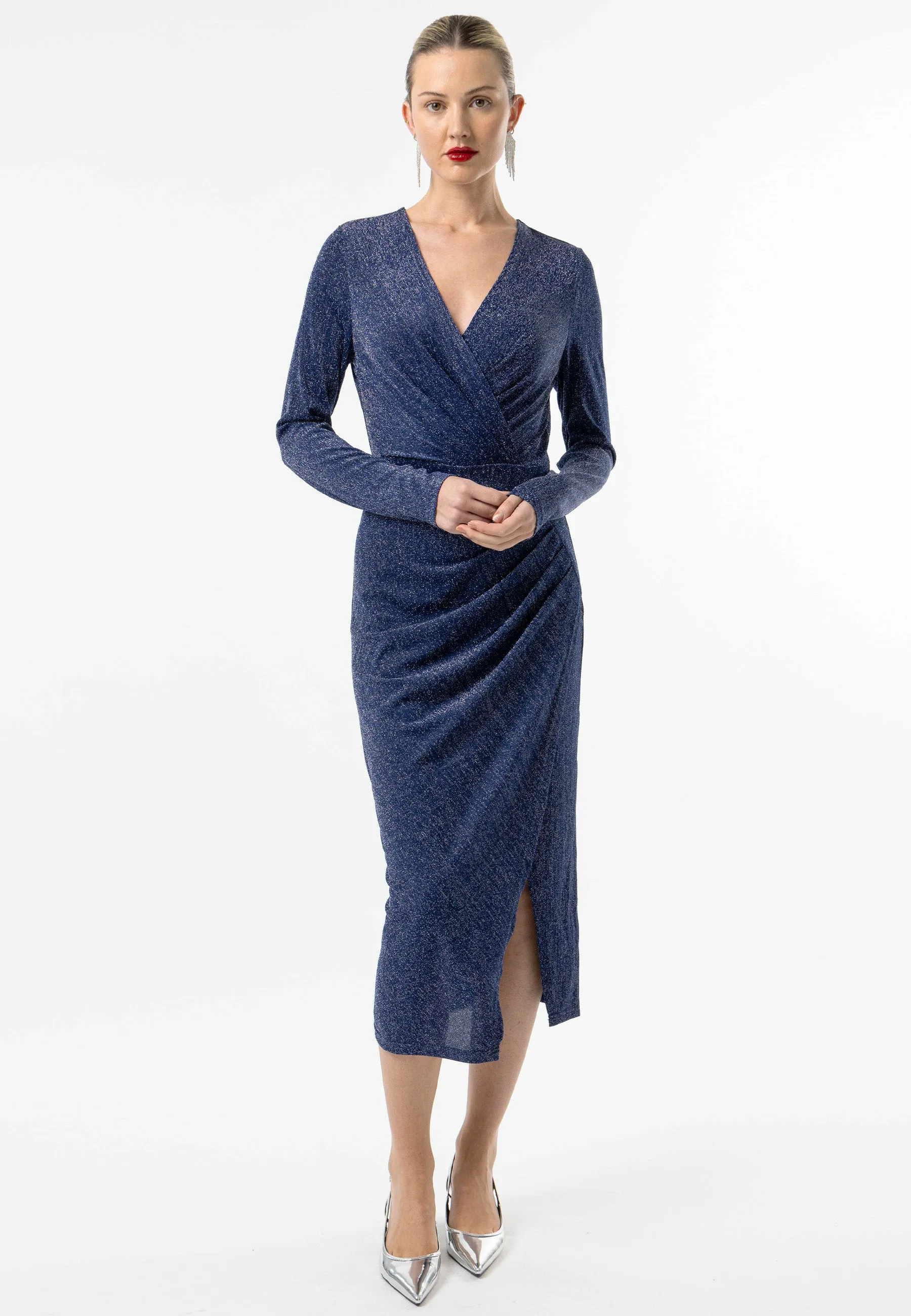 Metallic Long Sleeve Faux Wrap Midi Dress in Navy Silver