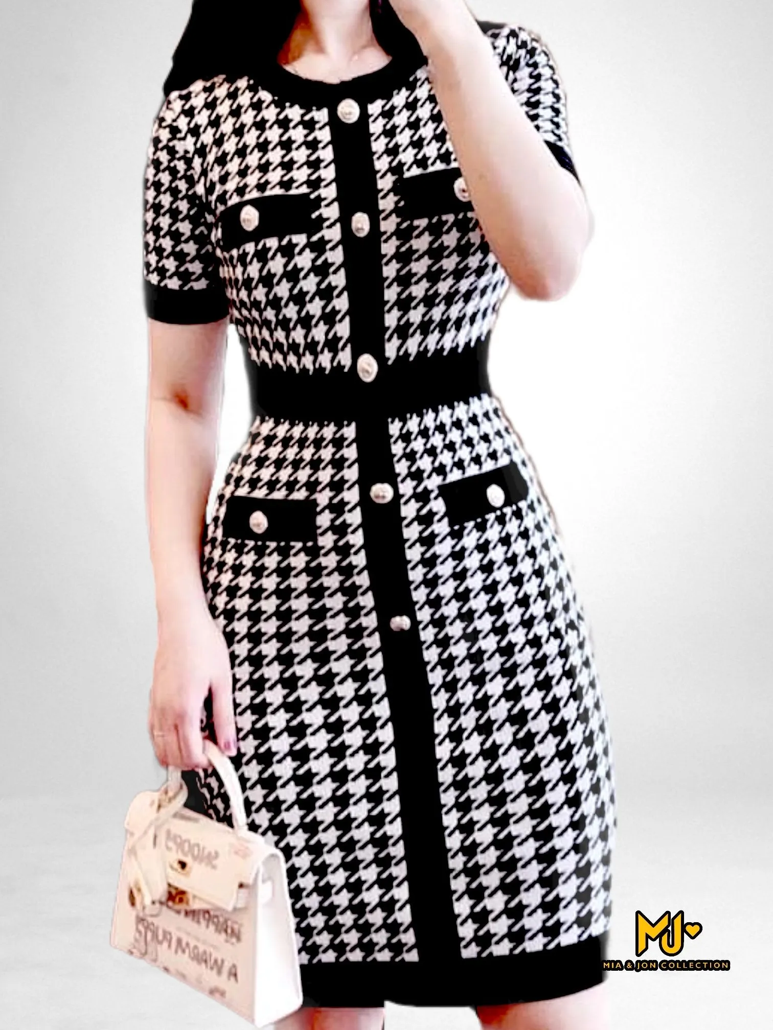 MJV2148 Houndstooth Print Body Sweater Dress