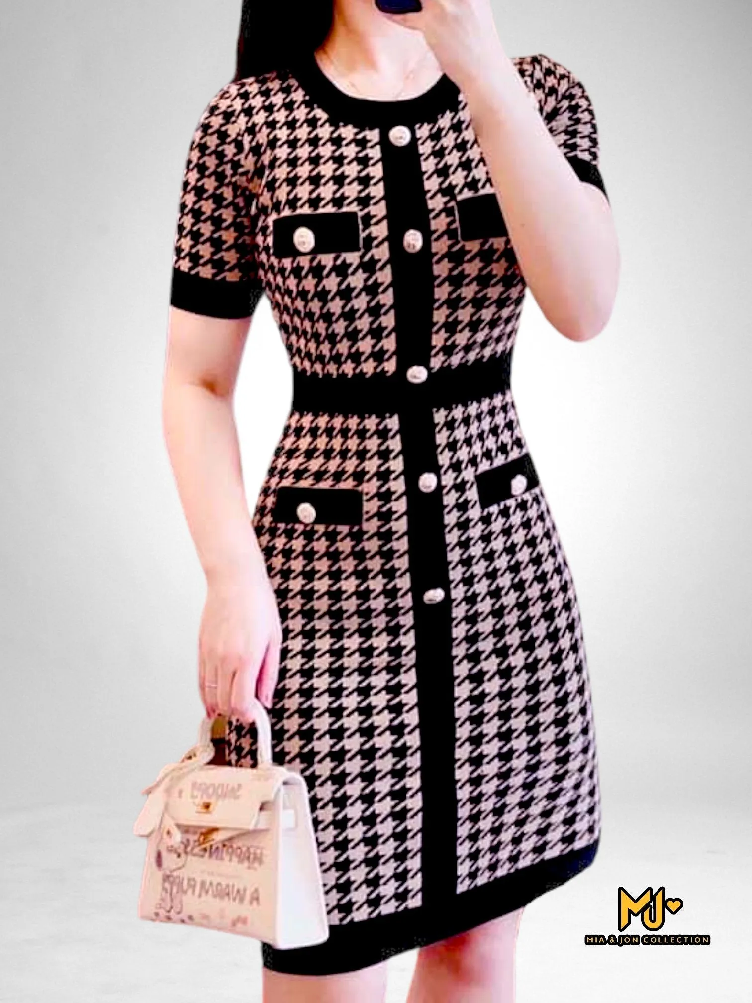 MJV2148 Houndstooth Print Body Sweater Dress