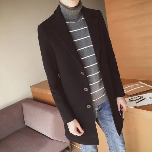 New 2018 Winter Fashion Men's Solid Color Single Breasted Trench Coat / Male Casual Slim Long Woolen Cloth Coat Large Size 5XL