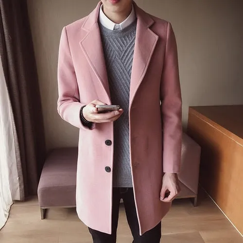 New 2018 Winter Fashion Men's Solid Color Single Breasted Trench Coat / Male Casual Slim Long Woolen Cloth Coat Large Size 5XL