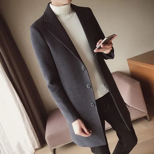 New 2018 Winter Fashion Men's Solid Color Single Breasted Trench Coat / Male Casual Slim Long Woolen Cloth Coat Large Size 5XL