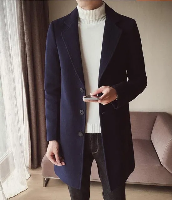 New 2018 Winter Fashion Men's Solid Color Single Breasted Trench Coat / Male Casual Slim Long Woolen Cloth Coat Large Size 5XL