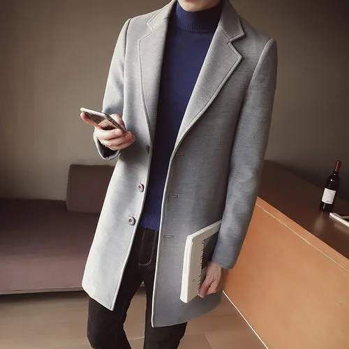 New 2018 Winter Fashion Men's Solid Color Single Breasted Trench Coat / Male Casual Slim Long Woolen Cloth Coat Large Size 5XL