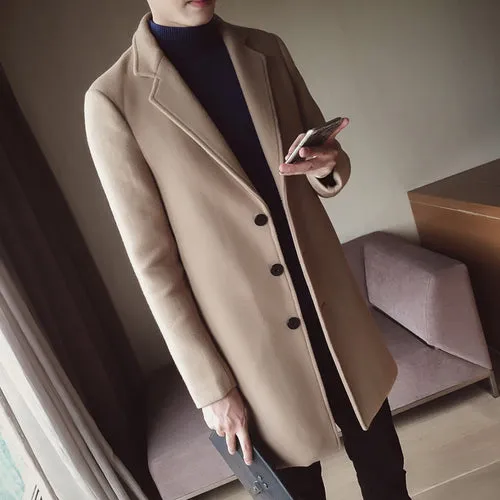 New 2018 Winter Fashion Men's Solid Color Single Breasted Trench Coat / Male Casual Slim Long Woolen Cloth Coat Large Size 5XL