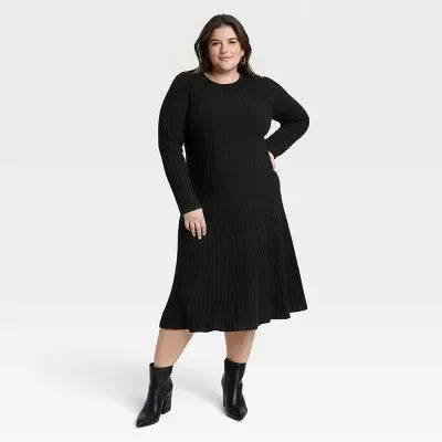 New - A New Day Women's Midi Ribbed Sweater Dress Long Sleeve A-Line