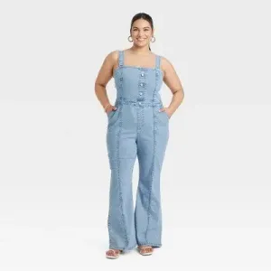 New - Ava & Viv Women's Denim Flare Jumpsuits Sleeveless Overalls