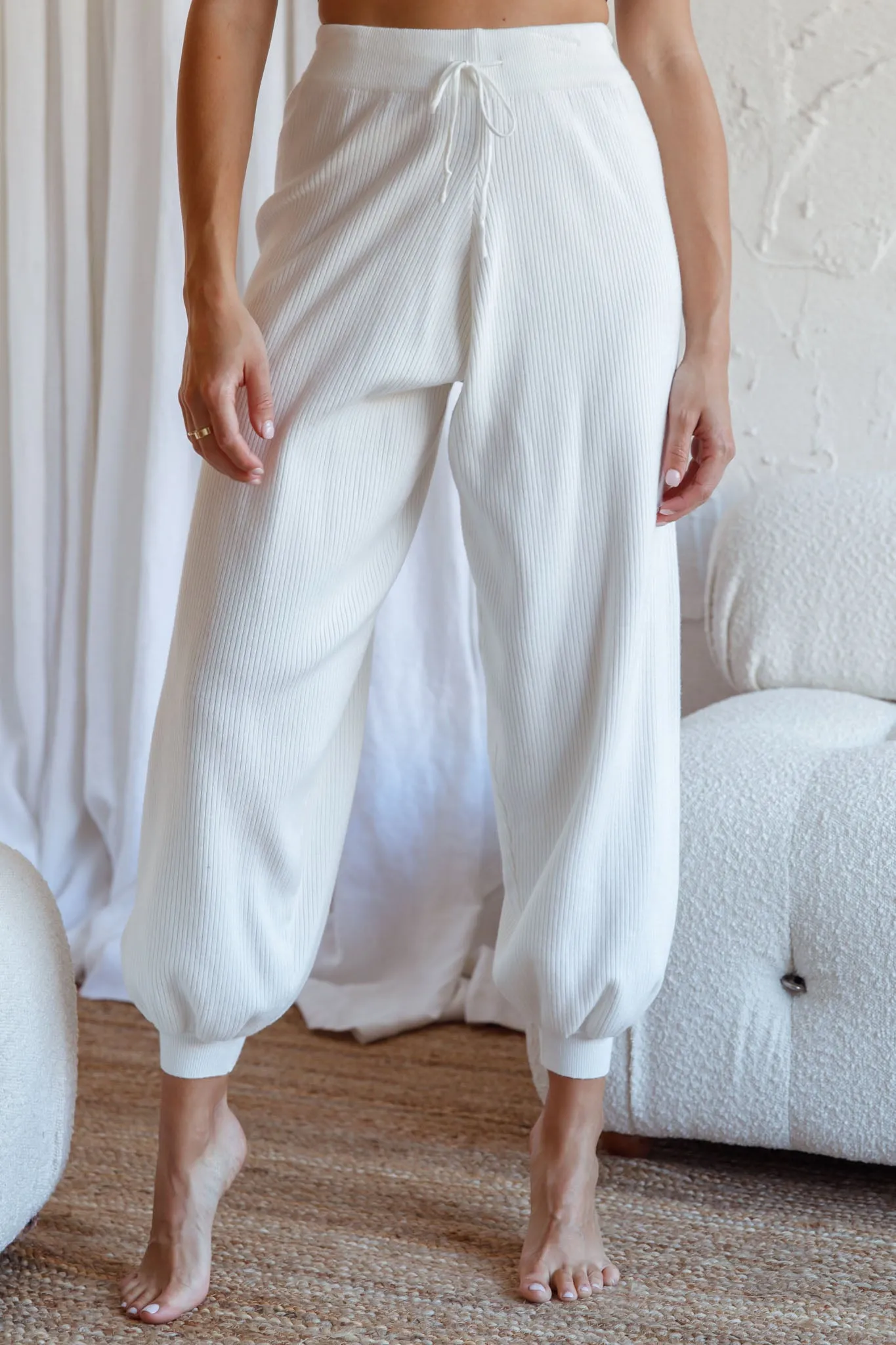 New Soul Drawstring Ribbed Knit Jogger Pants White