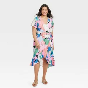 New - Women's Flutter Short Sleeve Midi Wrap Dress - Ava & Viv Abstract Floral 2X