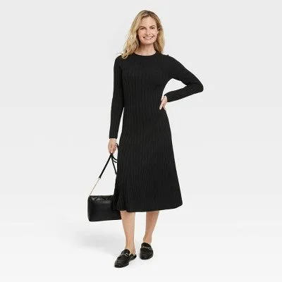 New - Women's Long Sleeve Midi Ribbed Sweater Dress - A New Day Black XL