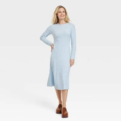 New - Women's Long Sleeve Midi Ribbed Sweater Dress - A New Day Blue L