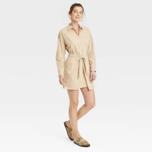 New - Women's Long Sleeve Tie-Front Mini Shirtdress - Universal Thread™ Tan L