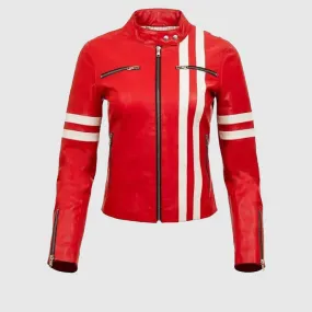 New Women's Red Racer Real Lamb Leather Jacket Coat