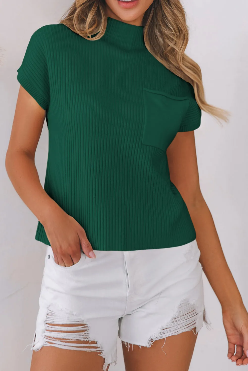 Oatmeal Patch Pocket Ribbed Knit Short Sleeve Sweater