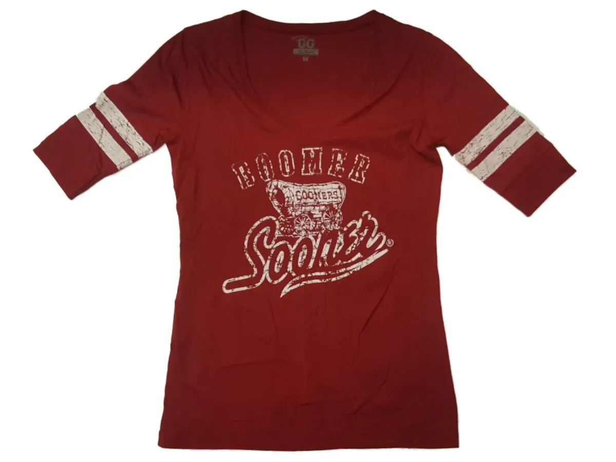 Oklahoma Sooners GG WOMENS Maroon Retro Logo 1/2 Sleeve V-Neck T-Shirt (M)