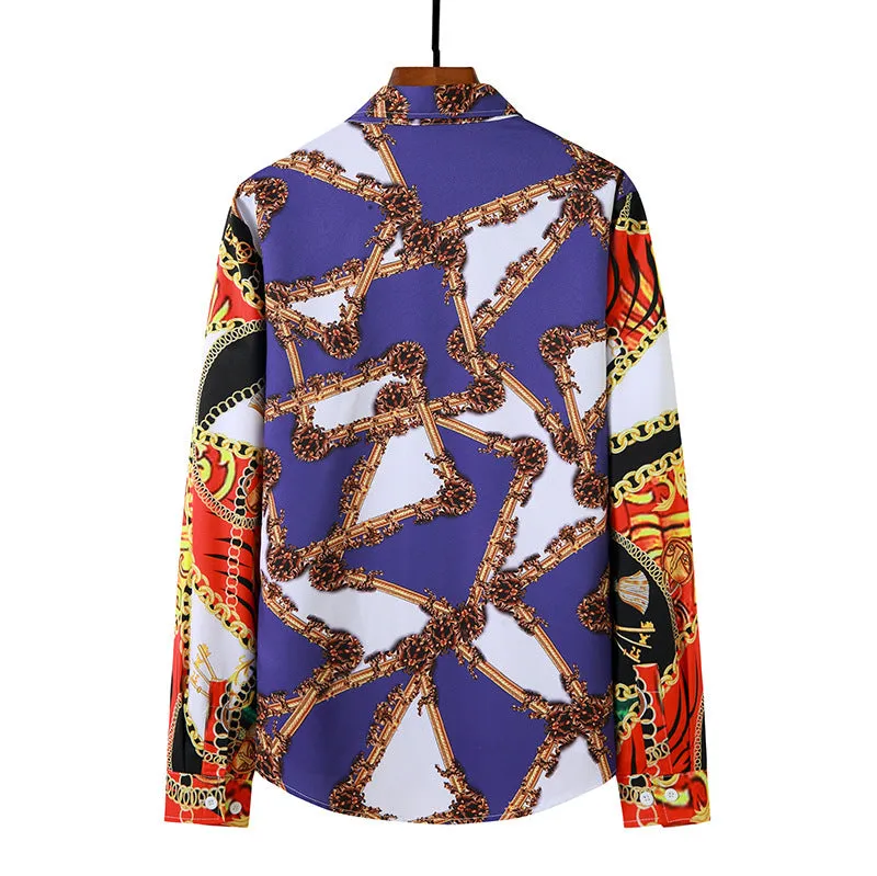 Palace Style Chain Print Men's Long-sleeved Casual Shirt