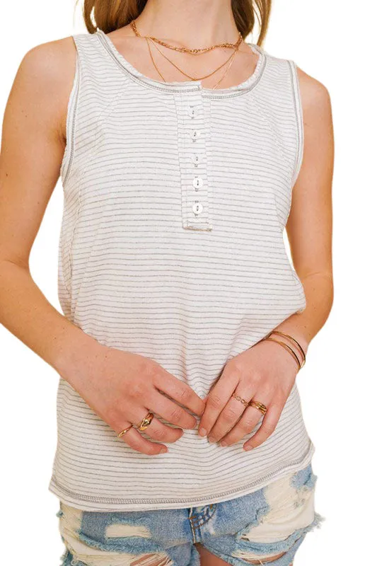 Pin Stripe Wide Strap Henley 100% cotton Tank Top - Light Grey