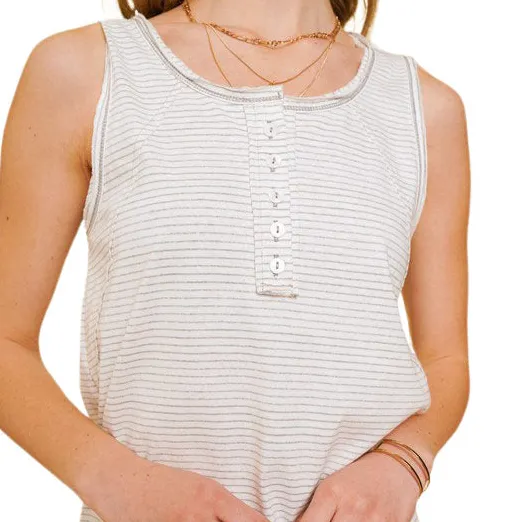 Pin Stripe Wide Strap Henley 100% cotton Tank Top - Light Grey